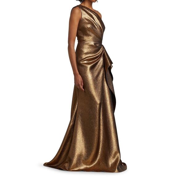 Elegant Metallic Reem Acra One-Shoulder Gown - Picture 3 of 11
